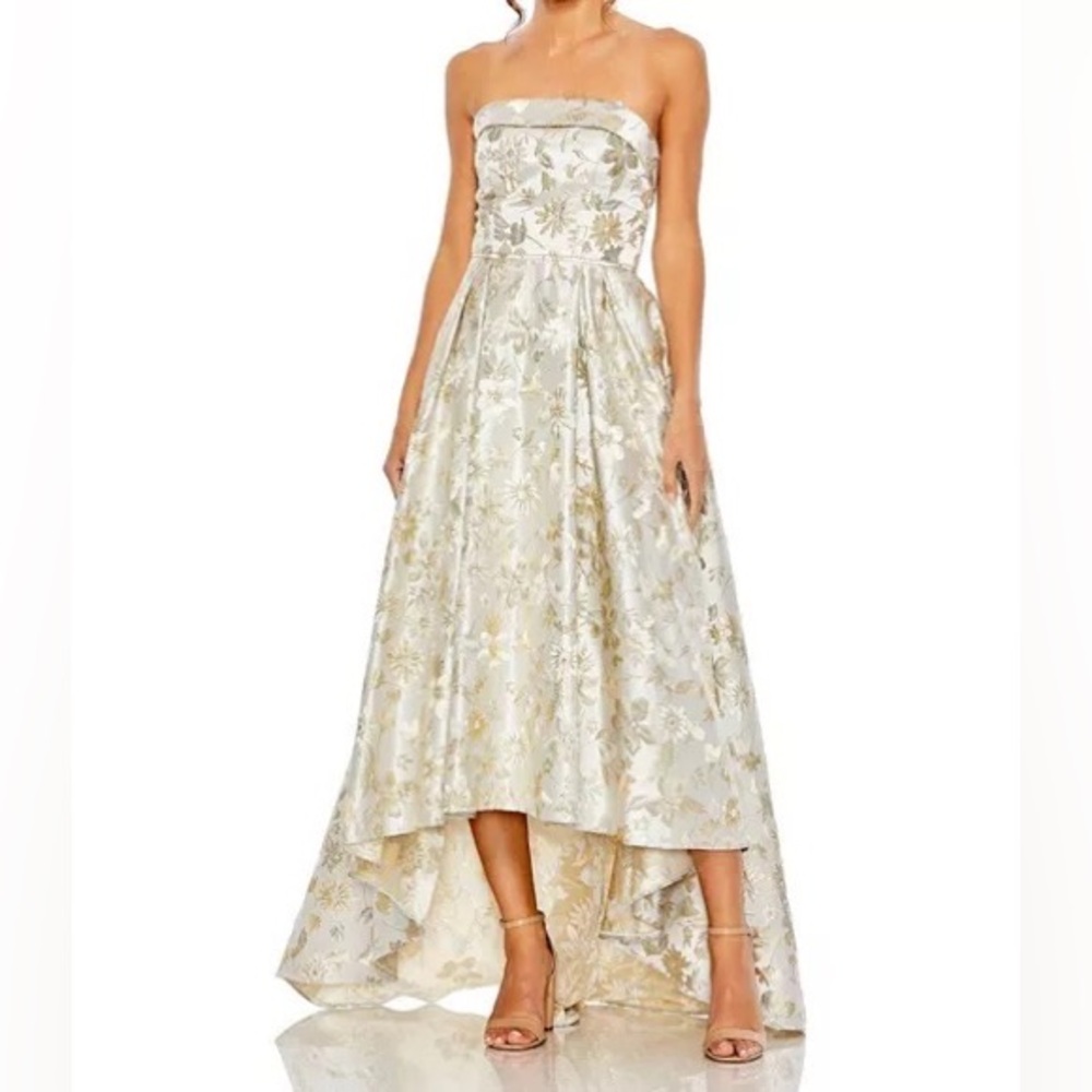 NWT IEENA By Mac Duggal 49619 WHG 
Brocade Strapless Golden Floral High Low Gown